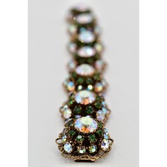 Vintage Aurora Borealis Crystal Bracelet Green AB Antiqued Gold Shiny 1950s Bin2