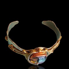 7.5in Copper Brass Modernist Brutalist Dichroic Art Glass Cuff Bracelet Retro