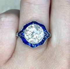 Art Deco Style Lab Created Diamond & Sapphire Engagement Ring 14K White Gold FN