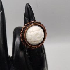 Adjustable Brutilist Style Copper Plated Ring w Vintage Opalescent Carved Stone