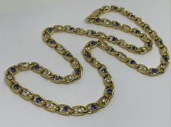 Vintage NECKLACE Chain Link w Clear & Blue Sapphire Rhinestones 22” L x 5.7mm W