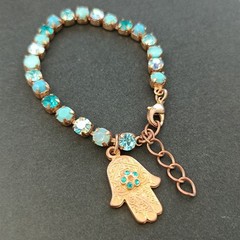 AMARO Tennis Bracelet Hamsa Turquoise Aqua Blue Crystals Gold Tone VTG Boho AB