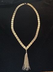 ⁠Vintage HOBE Gold Tone Necklace Block Links Tassel Drop Egyptian Modernist 70s⁠