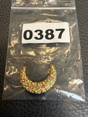 Vintage 80s Gold Tone Crescent Moon Pin Brooch Pink Green Rhinestones Celestial