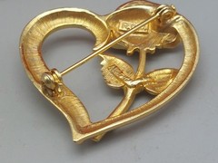 Vintage Gold Tone RDC Brooch Princess Diana Memorial Heart and Stemed Rose 2″