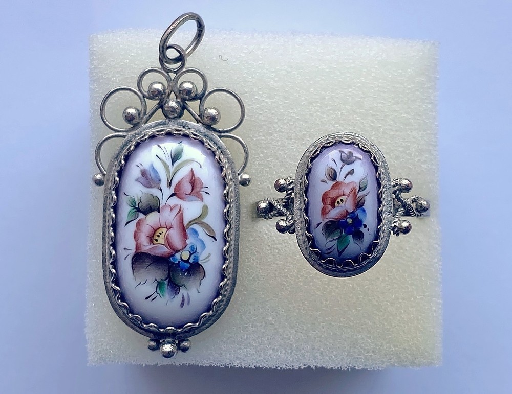 Vintage Rostov Finift Enamel Pendant & Ring Floral Hand-Painted Silver Plated