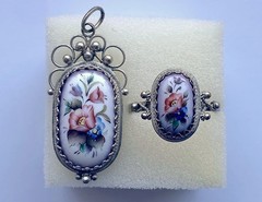 Vintage Rostov Finift Enamel Pendant & Ring Floral Hand-Painted Silver Plated