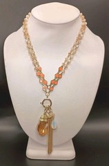 Vintage Beaded Necklace Tassel Opalite & Crystal Charm Pendant Sparkle Long 39″