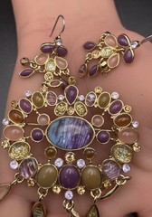 Gold Tone Brooch Earrings Set Pierce Pastel Tassels Multicolor Acrylic