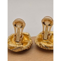 Vintage Christian Dior Rhinestone Rope Twist Knot Clip On Earrings Gold Tone