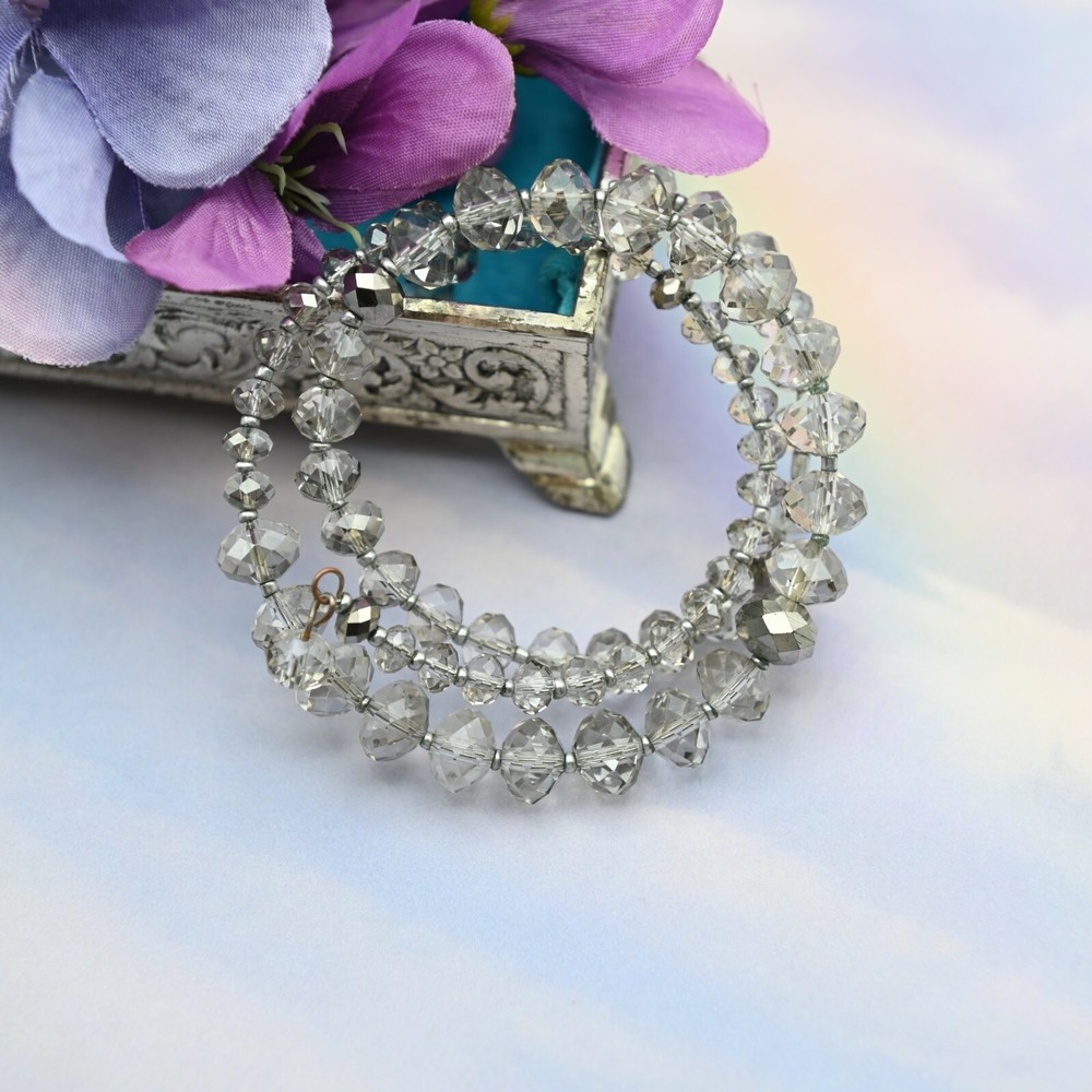 Vintage Smoky Gray Metalic Silver Crystal 3 Row Coil Bracelet
