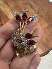 Vintage Gold Tone Red Clear Rhinestones Floral Flower Basket Brooch Pin