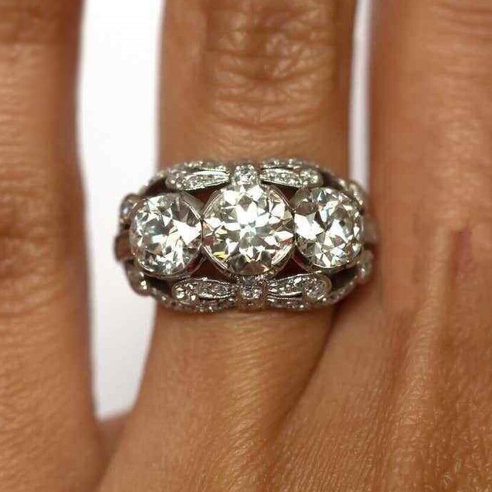 3.00 CT White Round Cut CZ Three Stone Art Deco Vintage Style Ring In 925 Silver