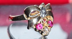 14k multi tone gold 1930’s size 6.5 bow ring 0.39ct treated ruby diamond 3.8gr