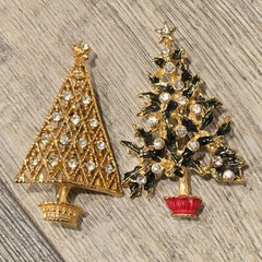 Vintage Rhinestone Christmas Tree Brooch set Filigree Gold Tone Holiday Pin Gift