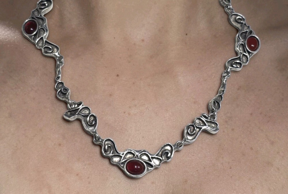 Vintage Brutalist Organic Pewter Necklace Red Cabochon Mid Century Modernist