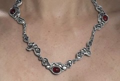 Vintage Brutalist Organic Pewter Necklace Red Cabochon Mid Century Modernist