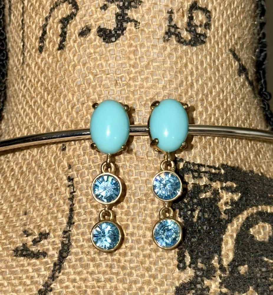Vintage turquoise cabochon with blue crystals dangle drop clip-on earrings