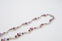 Vintage Necklace Silver Tone Purple Rhinestone Flower Ivy 15″