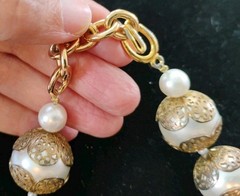 Vtg Big Faux Filigree Pearl Necklace Signed CRAFT Rose Gold Tone Rhinestone Bow