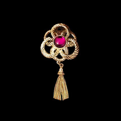 Vintage Rope and Tassel Brooch Pin Red Pink Stone 3.5 Inches Long Gold Tone