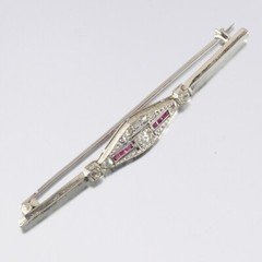 Estate 14k White Gold Art Deco Era Diamond and Ruby Bar Brooch Pin GAL Appraisal
