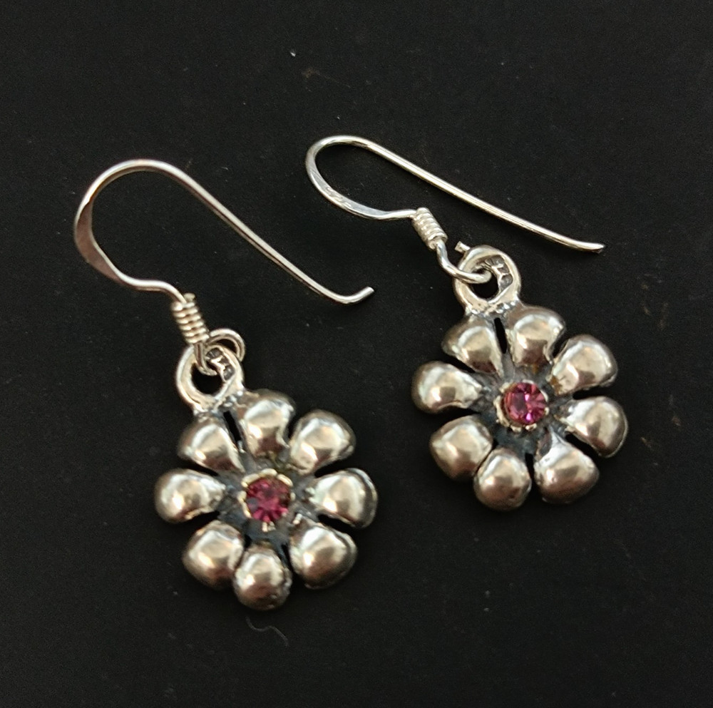 Sterling Silver Flower Purple Earrings Dangle Modernist Dainty Romantic Gift 925