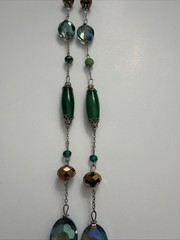 Vntg Long Green Faceted Crystal Bead Necklace Silver Tone Artisan Boho Layering