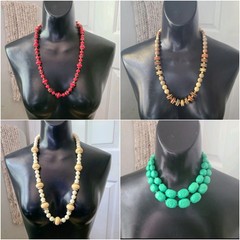 Vtg Four Chunky Beaded Necklaces 15-28″ Colorful Neutral Long Boho Classic Chic