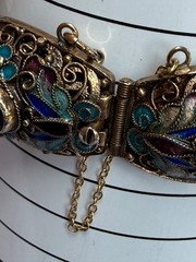 Chinese Export Silver Gilt Filigr Bracelet with Enamel and Tiger’s Eye Cabochons