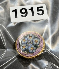 Vintage Italy Micro Mosaic Floral Daisy Brooch Pink Blue Gold Tone