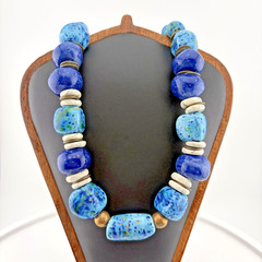 Vintage Chunky Artisan Blue Glazed Ceramic Bead Statement Necklace