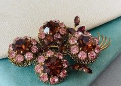 Austria Vintage Amber Pink Rhinestone Facet Brooch Wired 3D Layered Prong 3”