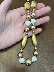Vintage Carol Dauplaise Gold & White Beaded Long Necklace Signed Nice!