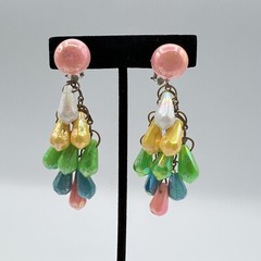 Vintage Earrings Chandelier Dangle Drop Iridescent Beads Clip On Pastels Pink