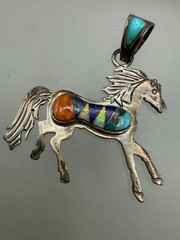 STERLING SILVER LAPIS OPAL TURQUOISE INLAY HORSE SOUTHWESTERN STYLE PENDANT