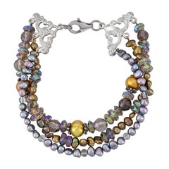 Vintage Sterling Silver 925 Multi Strand Pearl Iridescent Glass Bracelet 7.25″