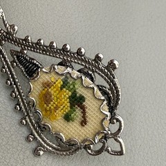 Vintage Victorian Handmade Floral Needlepoint Pendant Silver Tone Teardrop Charm