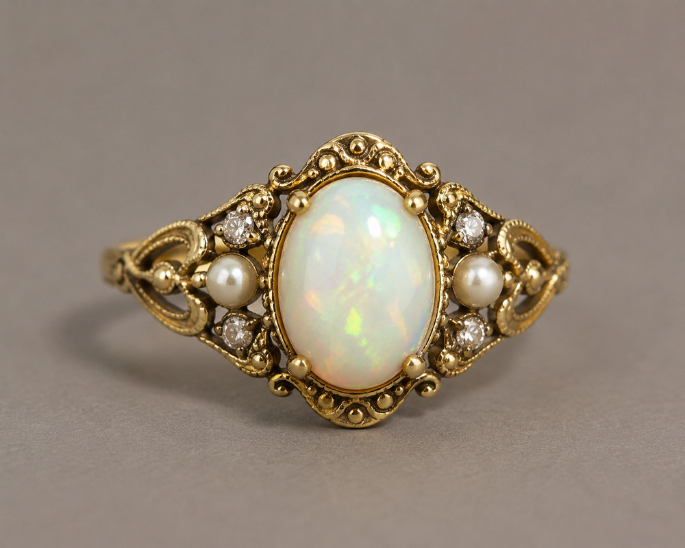 Vintage Natural Opal Ring Oval Moissanite Pearl Statement Ring