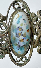 Vintage Painted Floral Motif Enamel Cuff Bracelet W/ Ornate Filigree