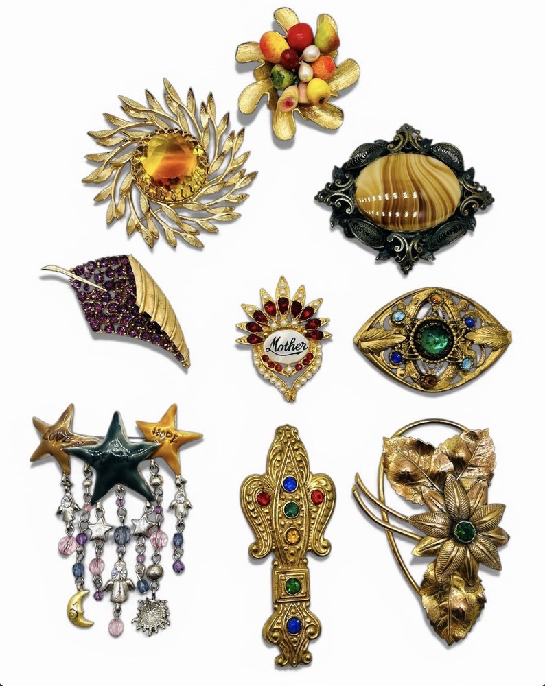 Vintage Lot 9 Glass Rhinestone Glam Statement 30’s-80’s Glass Brooches RESALE