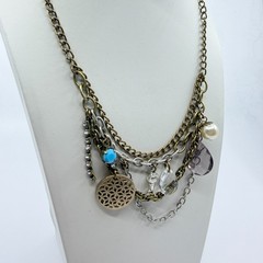 VTG Multi Strand Charm Necklace Bronze & Silver Tone Layered Boho Crystal Retro