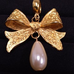 Dauplaise Gold Tone Bow Pendant with Faux Pearl Dangle (No Chain)