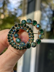Vintage AB Green Blue Crystals Rhinestones Brooch 2 Circles Wreaths