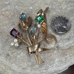Vintage Rose Gold tone Flower Bouquet Swirl Blue Gemstone Pin Brooch 2.5” purple
