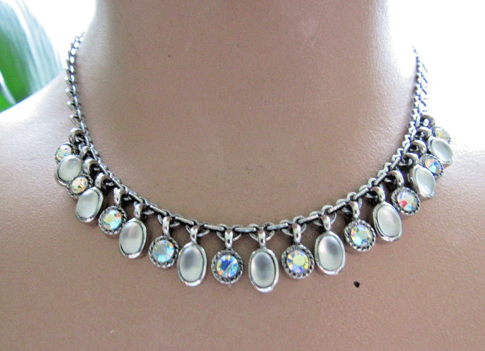 Vintage Necklace Unusual Heart Link Chain AB Rhinestones Glass Moonstone Dangles