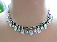 Vintage Necklace Unusual Heart Link Chain AB Rhinestones Glass Moonstone Dangles