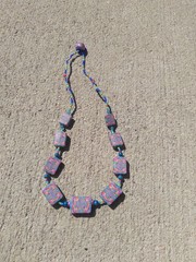 Vintage Polymer Clay Necklace 18in Blue Pink Purple Rectangle Beaded