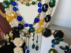 Vintage Blue/Green/Gold Jewelry Mix Lot Earrings Necklace RS Beads Glass Enamel