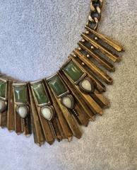 Vtg Rustic Metal & Stone Beaded Fringe Bib Statement Chain Necklace